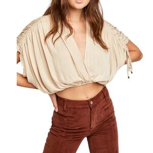 FREE PEOPLE Rachel Silky Top Ivory V-Neck Slinky Jersey Cropped Medium NWOT